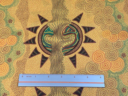 Australian Aboriginal Cotton Quilting Fabric by the YARD.  M&S Textiles Sunset Night Dreaming Gold. 100% Cotton Aboriginal Art Design Print