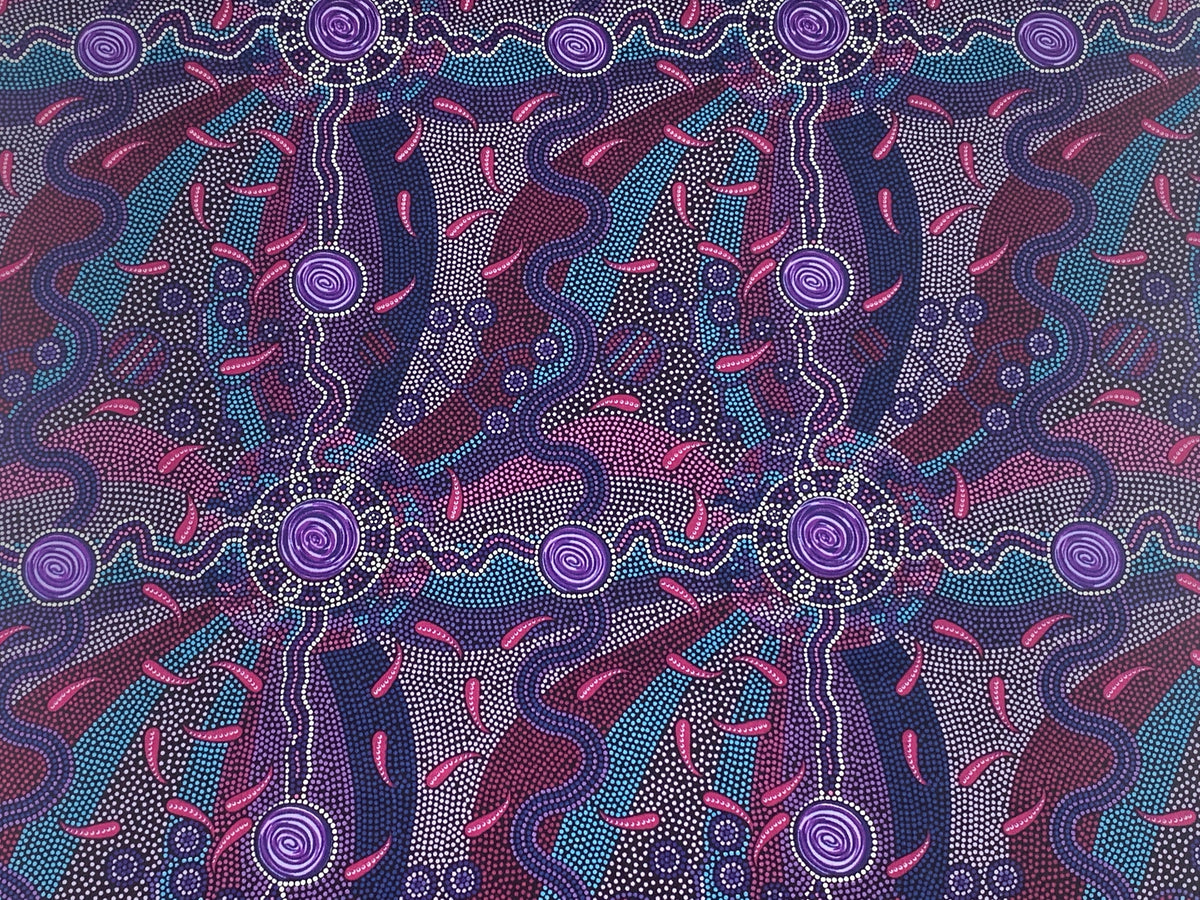 Australian Aboriginal Cotton Quilting Fabric by the YARD.  M&S Textiles Roaring Forties Purple. 100% Cotton Aboriginal Art Design Print.