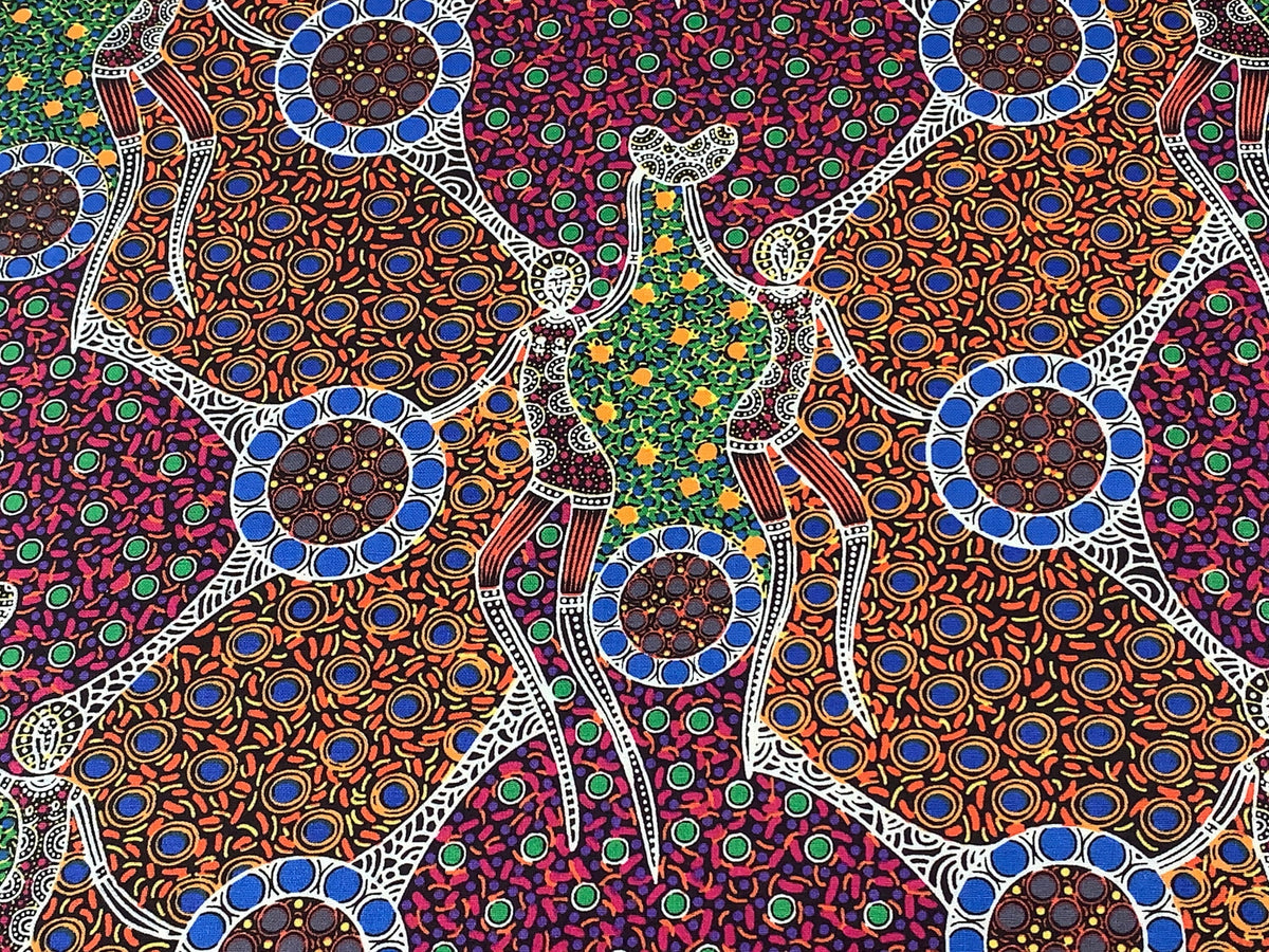 Australian Aboriginal Cotton Quilting Fabric by the YARD. M&S Textiles Women Dancing Near Waterhole. 100% Cotton Aboriginal Art Design Print
