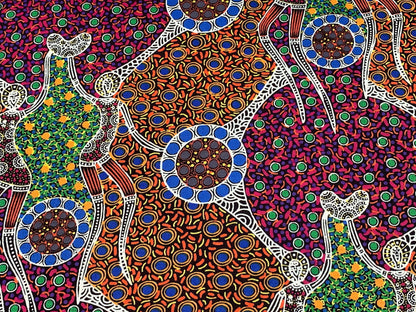 Australian Aboriginal Cotton Quilting Fabric by the YARD. M&S Textiles Women Dancing Near Waterhole. 100% Cotton Aboriginal Art Design Print