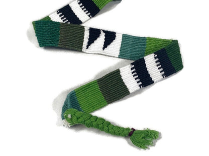 Guatemalan Hand Woven Belt in Olive Green, Black & White with Braided Tassel Ends. 1" Wide x 46" Long Cotton Mayan Toto Sash, Strap Textile.