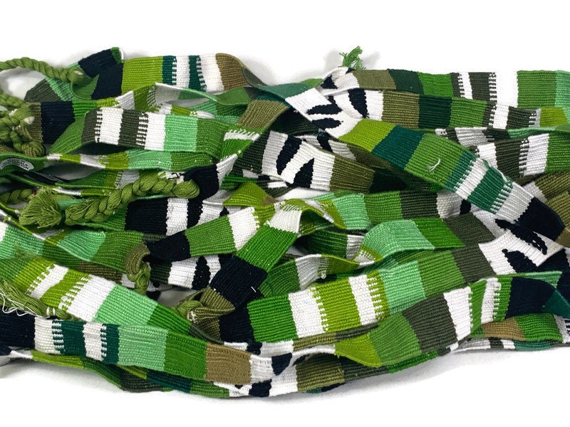 Guatemalan Hand Woven Belt in Olive Green, Black & White with Braided Tassel Ends. 1" Wide x 46" Long Cotton Mayan Toto Sash, Strap Textile.