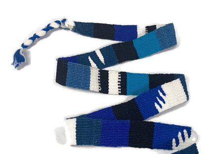 Guatemalan Hand Woven Belt in Turquoise Blue, Black & White, Braided Tassel Ends. 1" Wide x 46" Long Cotton Mayan Toto Sash, Strap Textile.