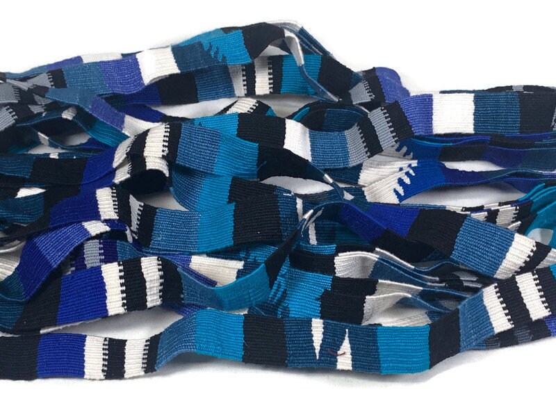 Guatemalan Hand Woven Belt in Turquoise Blue, Black & White, Braided Tassel Ends. 1" Wide x 46" Long Cotton Mayan Toto Sash, Strap Textile.