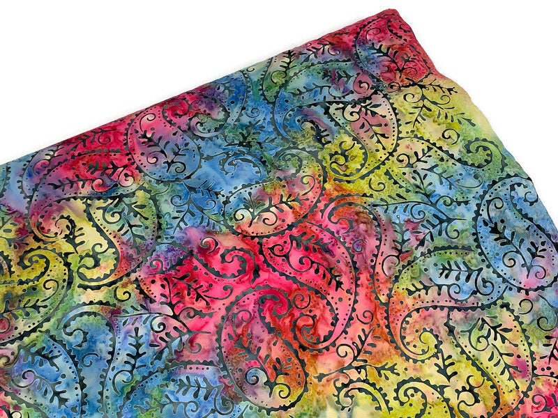 Indian Batik Fabric by the YARD. Hand Dyed Bright Rainbow with Paisley Tie Dyed Fabric. 100% Cotton Fabric for Quilting, Apparel, Home Décor
