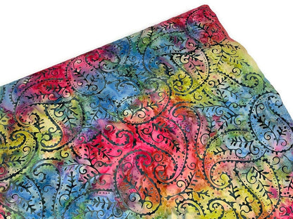 Indian Batik Fabric by the YARD. Hand Dyed Bright Rainbow with Paisley Tie Dyed Fabric. 100% Cotton Fabric for Quilting, Apparel, Home Décor