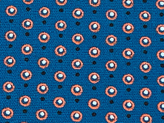 South African Shweshwe Fabric by the YARD. Da Gama Three Cats Turquoise & Orange Circled Dots. 100% Cotton Print for Quilts, Apparel, Décor.