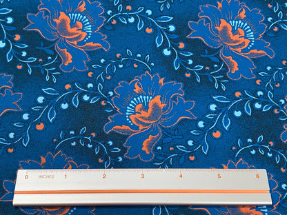 South African Shweshwe Fabric by the YARD. Da Gama Three Cats Turquoise & Orange Hibiscus. 100% Cotton Print for Quilts, Apparel, Décor.