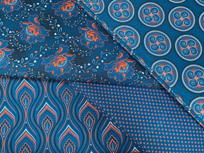 South African Shweshwe Fabric by the YARD. Da Gama Three Cats Turquoise & Orange Hibiscus. 100% Cotton Print for Quilts, Apparel, Décor.