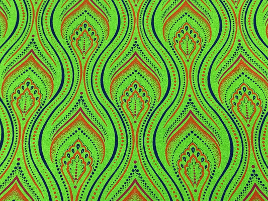 South African Shweshwe Fabric by the  YARD. DaGama Three Cats Lime Green Minarets. 100% Cotton Fabric for Quilting, Apparel, & Home Décor.