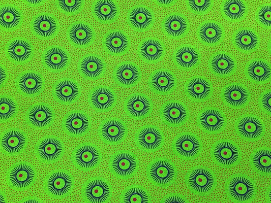 South African Shweshwe Fabric by the  YARD. DaGama Three Cats Lime Green Little Suns. 100% Cotton Fabric for Quilting, Apparel, & Home Décor
