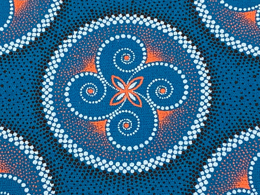 South African Shweshwe Fabric by the YARD. Da Gama Three Cats Turquoise & Orange Circle Dance. 100% Cotton Print for Quilts, Apparel, Décor.
