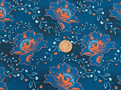 South African Shweshwe Fabric by the YARD. Da Gama Three Cats Turquoise & Orange Hibiscus. 100% Cotton Print for Quilts, Apparel, Décor.