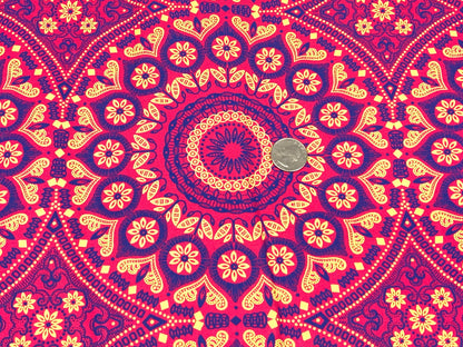 South African Shweshwe Fabric by the YARD. DaGama 3 Cats Pink, Royal Blue, Yellow Giant Mandala. Cotton for Quilting, Apparel, & Home Decor.