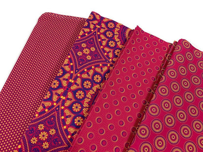 South African Shweshwe Fabric by the YARD. DaGama 3 Cats Pink, Royal Blue, Yellow Giant Mandala. Cotton for Quilting, Apparel, & Home Decor.