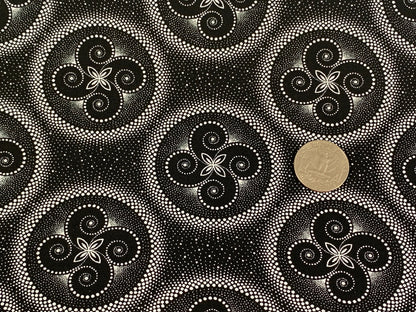 South African Shweshwe Fabric by the YARD. DaGama 3 Cats Black & White Circle Dance. 100% Cotton Fabric for Quilting, Apparel, Home Decor