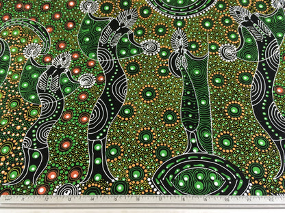 Australian Aboriginal Cotton Quilting Fabric by the  YARD.  M&S Textiles Dancing Spirit Green. Original Aboriginal Art Design Cotton Fabric.