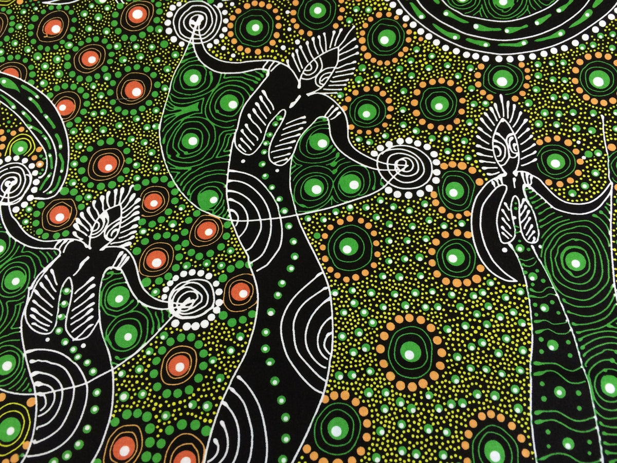 Australian Aboriginal Cotton Quilting Fabric by the  YARD.  M&S Textiles Dancing Spirit Green. Original Aboriginal Art Design Cotton Fabric.