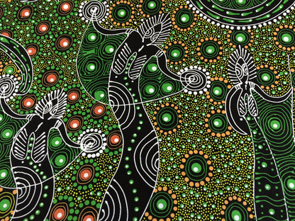Australian Aboriginal Cotton Quilting Fabric by the  YARD.  M&S Textiles Dancing Spirit Green. Original Aboriginal Art Design Cotton Fabric.