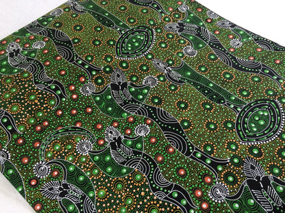 Australian Aboriginal Cotton Quilting Fabric by the  YARD.  M&S Textiles Dancing Spirit Green. Original Aboriginal Art Design Cotton Fabric.